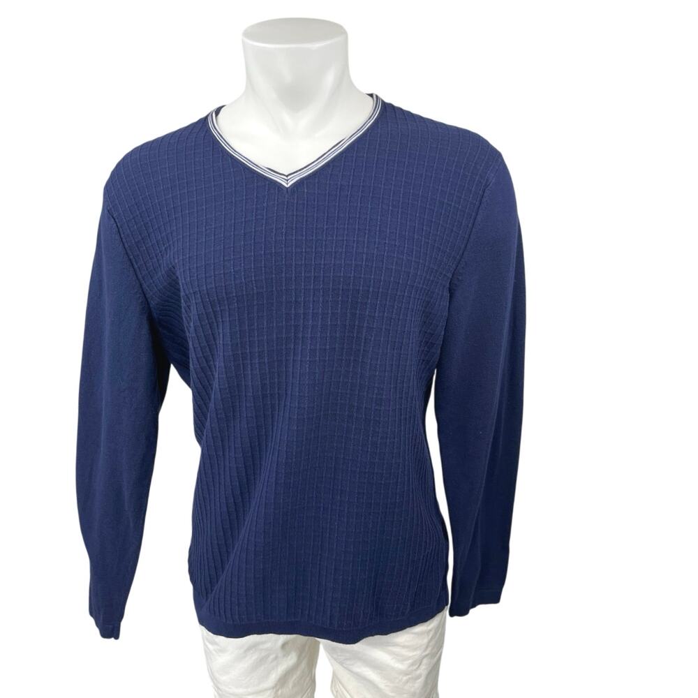 Banana Republic Men's Blue Grid Knit Long Sleeve V-Neck Sweatshirt Sweater Top L